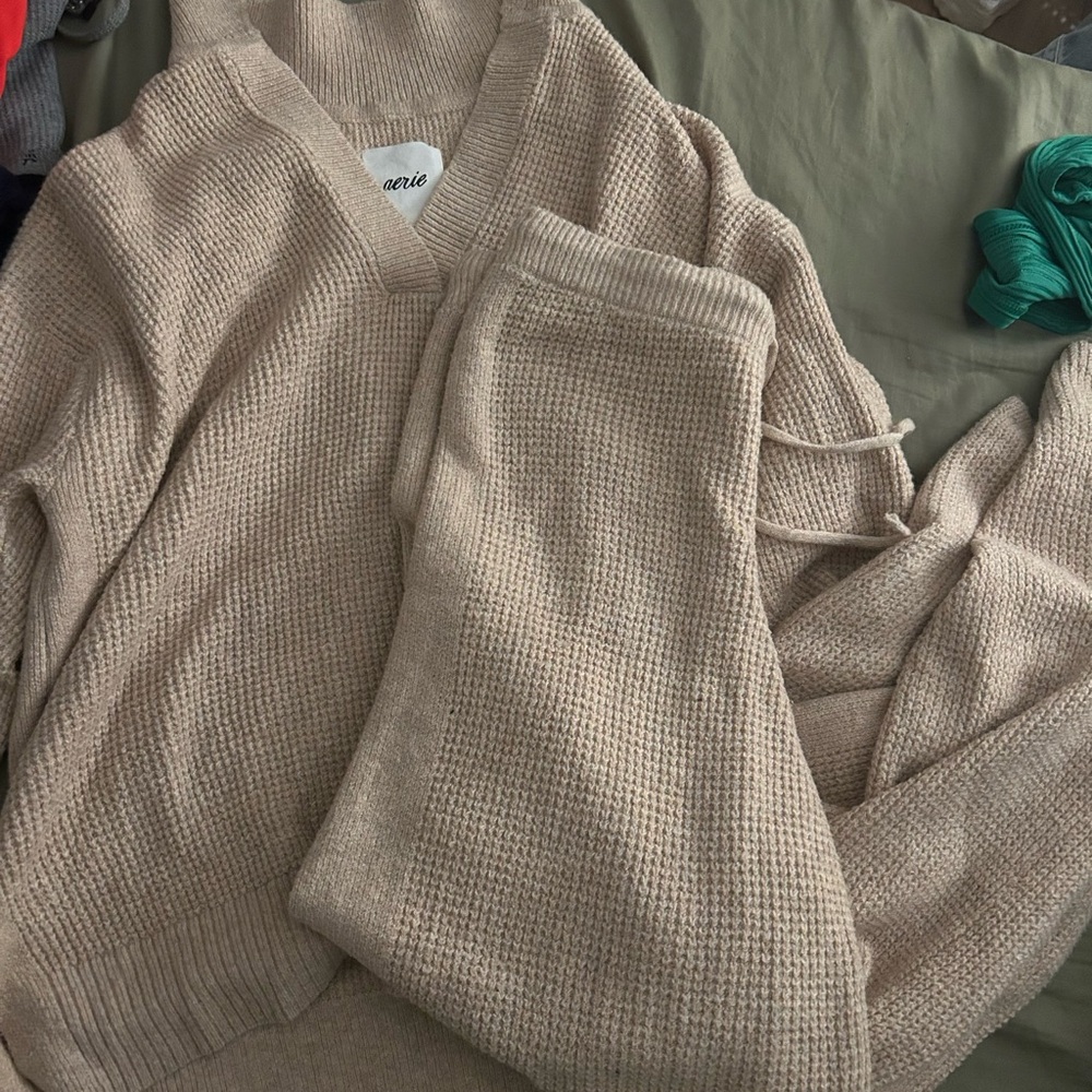 Aerie Beige Knit Sweater and Pants Set, can be bought separately! Seen on TikTok